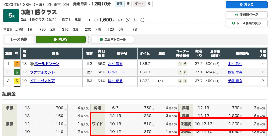 【無料プラン:中央競馬】2023年5月28日(日)東京5R結果